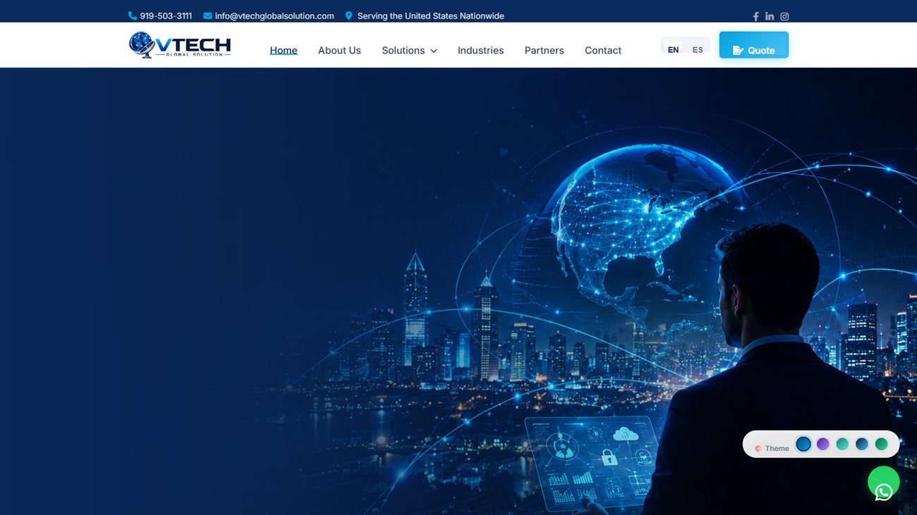 VTech Global Solution homepage — hero section and site navigation